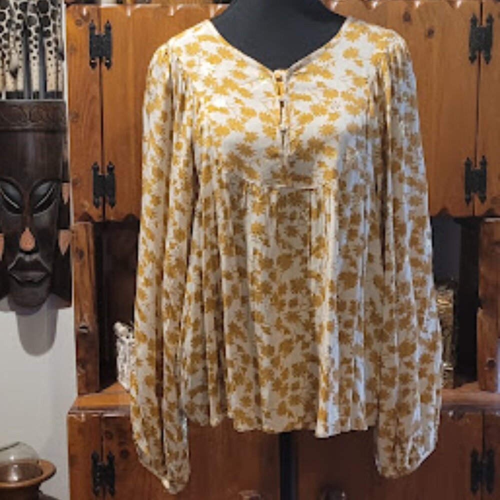 #123 Gold viscose floral print boho blouse